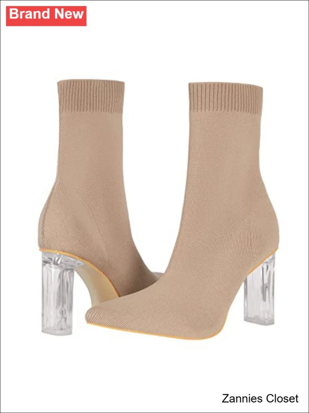 ✨Women's Knit Sock Ankle Boots Pointed Toe Clear Mid Heel Slip-On Stretch